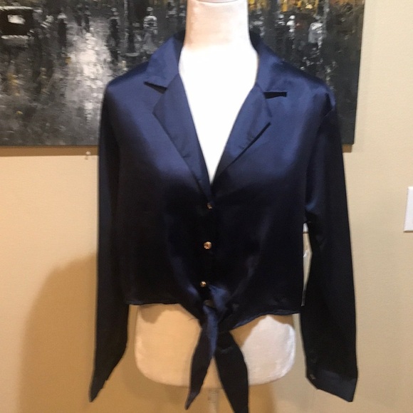 NWT Lily Star Blue Satin V Neck Button Down Tie Waist Long Sleeve Cropped Top-L - Picture 1 of 6